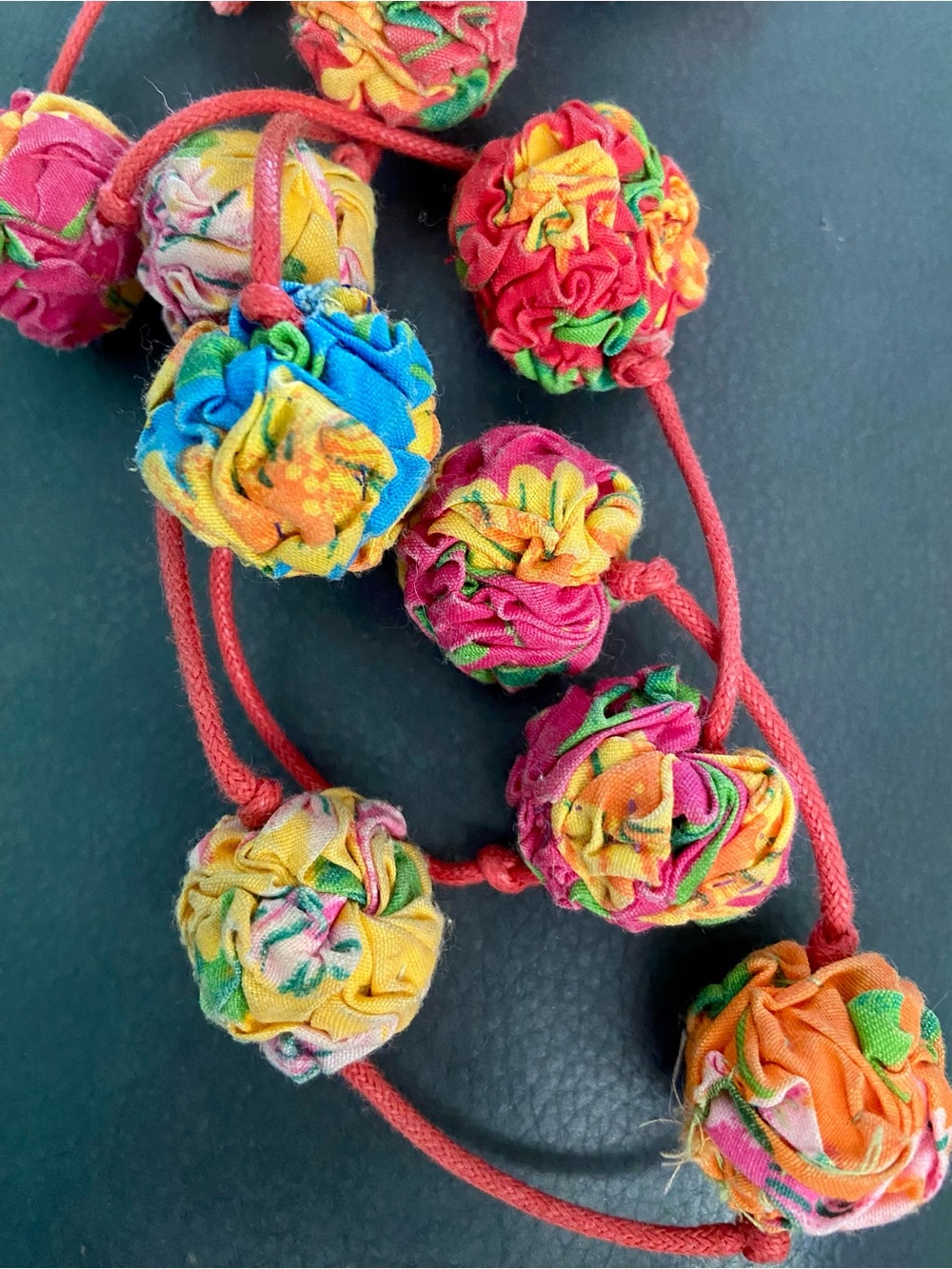 FESTIVAL-CORE! Boho Multicolor Fabric Balls Necklace on Rust Cord